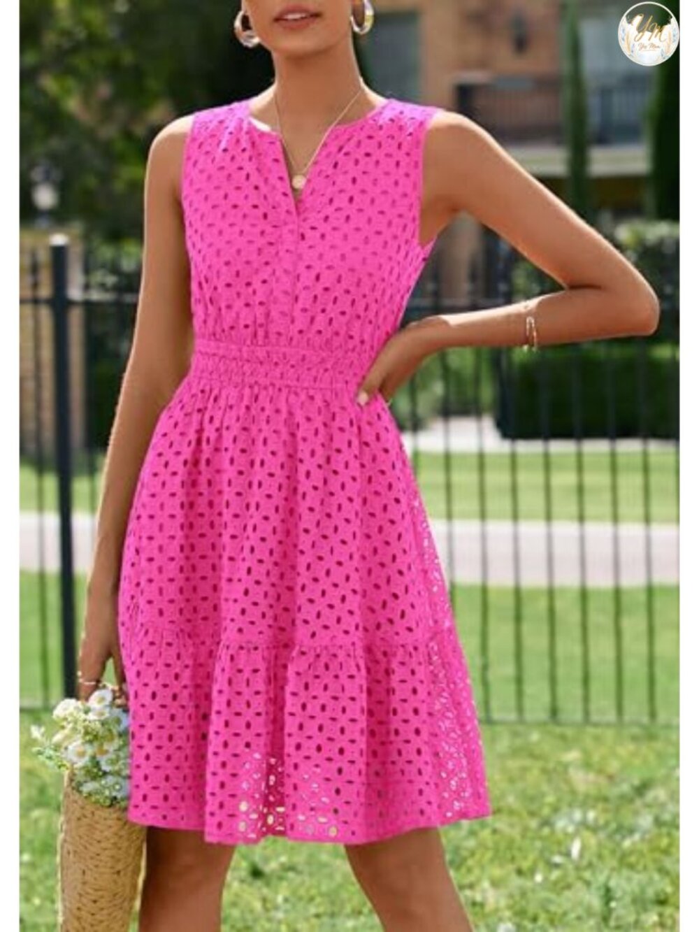 Eyelet A-Line Sleeveless V-Neck Cotton Summer Dress Knee-Length - Picture 4 of 6